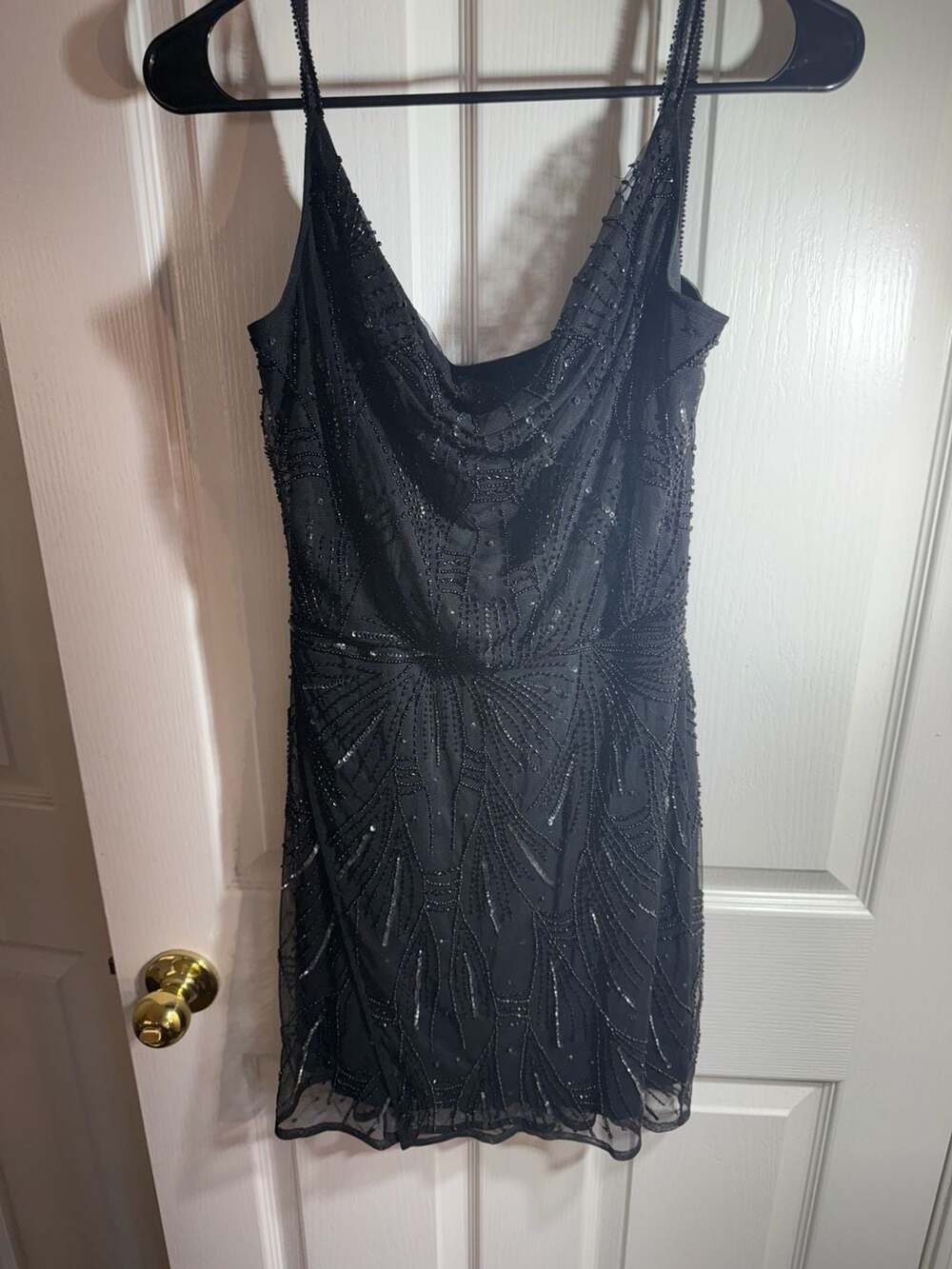 Altar'd State Black Beaded Art Deco Mini Dress with Cowl Neck